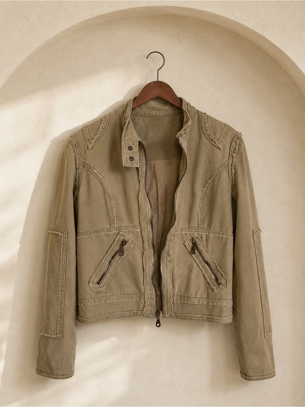 Vintage Y2K Joie Khaki Cotton Twill Moto Jacket Frayed Raw Edge Cropped Zip S